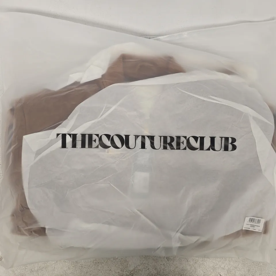 BAGGED THE COUTURE CLUB FAUX SUEDE BOMBER JACKET IN TAN SIZE UK 12