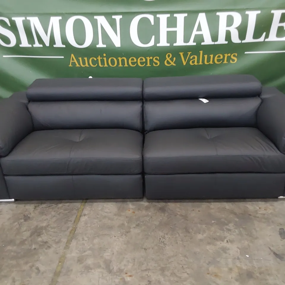 DESIGNER ITALIAN STYLE FOUR SEATER SOFA BLACK LEATHER WITH ADJUSTABLE HEADRESTS 