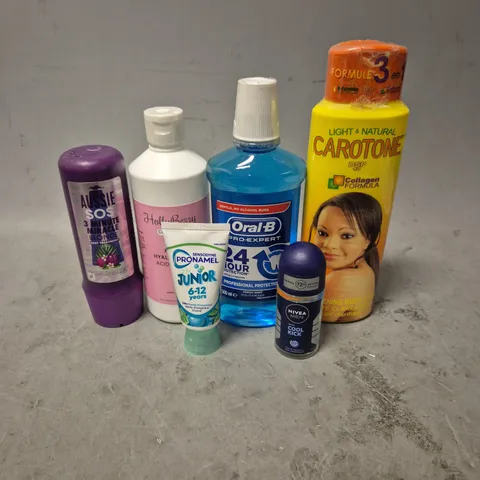 APPROXIMATELY 20 HEALTH AND BEAUTY PRODUCTS TO INCLUDE ORAL B EXPERT MOUTHWASH, AUSSIE SOS BLONDE DEEP TREATMENT AND NIVEA MEN ROLL ON DEODORANT