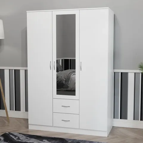 BOXED MAYBERY 3 DOOR 2 DRAWER MIRRORED WARDROBE WITH SHELF & HANGING RAIL - WHITE (3 BOXES)