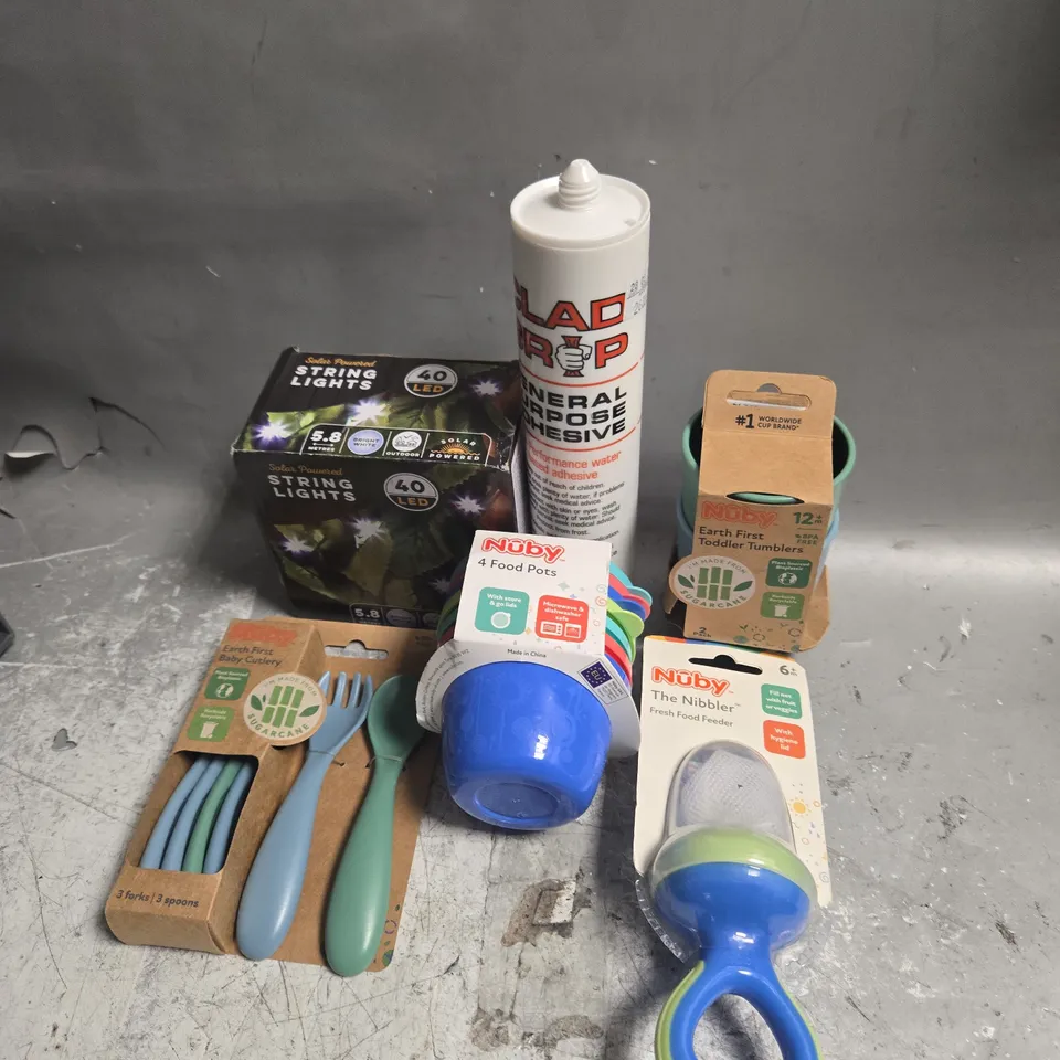 APPROXIMATELY 10 ASSORTED HOUSEHOLD ITEMS TO INCLUDE STRING LIGHTS, NUBY AND CLAD GRIP