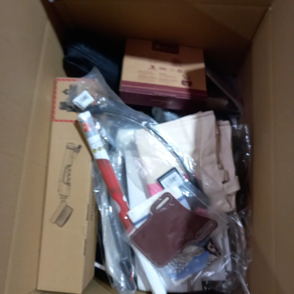 BOX OF ASSORTED HOUSEHOLD ITEMS FABRIC CLEANER, LED LIGHTS, BATTERY CHARGER ETC 
