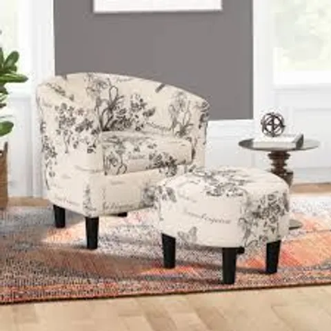 BOXED OPHELIA & CO. PAMPLONA UPHOLSTERED BARREL CHAIR - BUTTERFLY/SCRIPT PATTERN (1 BOX)