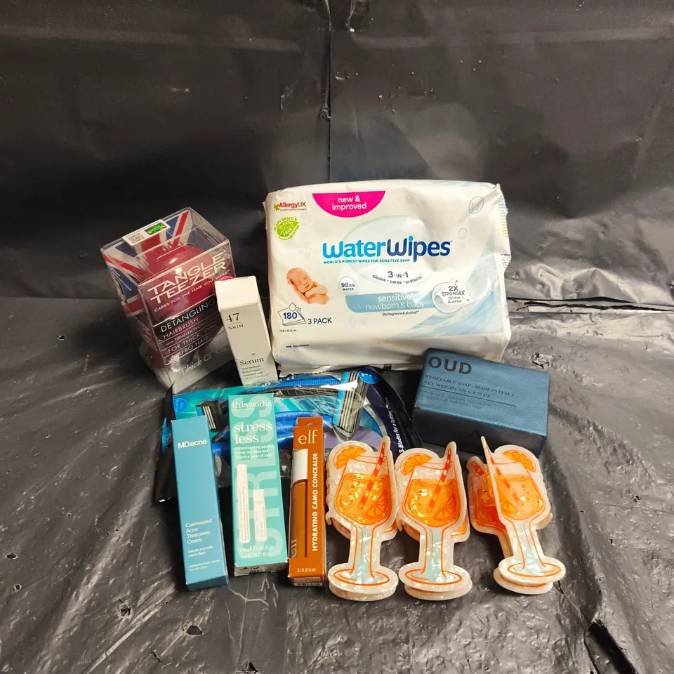 APPROXIMATEY 20 ASSORTED HEALTH AND BEAUTY PRODUCTS TO INCLUDE - HAIR CLIPS - THISWORKS STRESS LESS - ELF CAMO CONCEALER IN DEEP CHESNUT - ETC