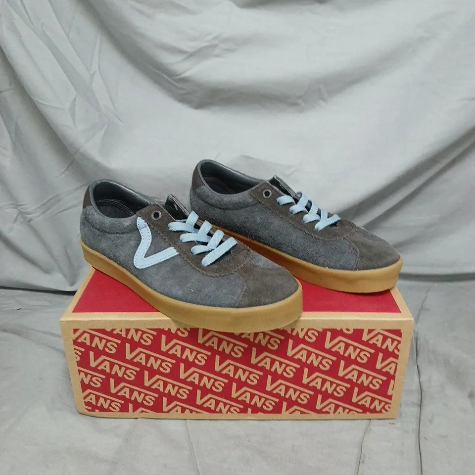 BOXED PAIR OF VANS TRAINERS – GREY SUEDE WITH LIGHT BLUE LACES - SIZE 5