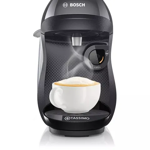 BOXED TASSIMO BY BOSCH HAPPY FRIENDLY POD COFFEE MACHINE WITH 70 DRINKS VALUE STARTER BUNDLE, TAS102EGBC - BLACK