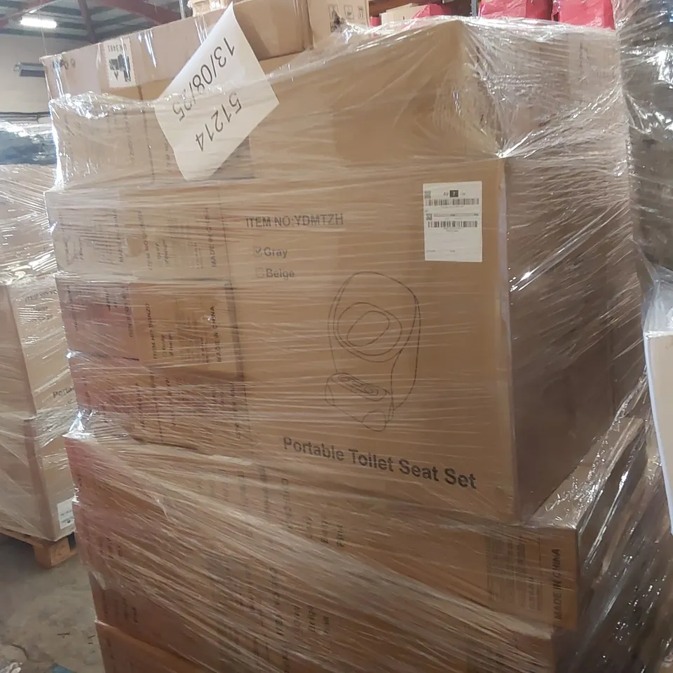 PALLET CONTAINING A LARGE ASSORTMENT OF CONSUMER PRODUCTS INCLUDING: PORTABLE TOILET SEAT SETS, LED GROW LIGHTS, MULTIFUNCTIONAL BATHROOM STOOLS ECT