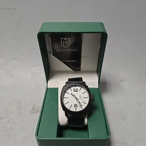 BOXED FRANK SCHMIDT LARGE BLACK CASE WITH PILOT DIAL WATCH