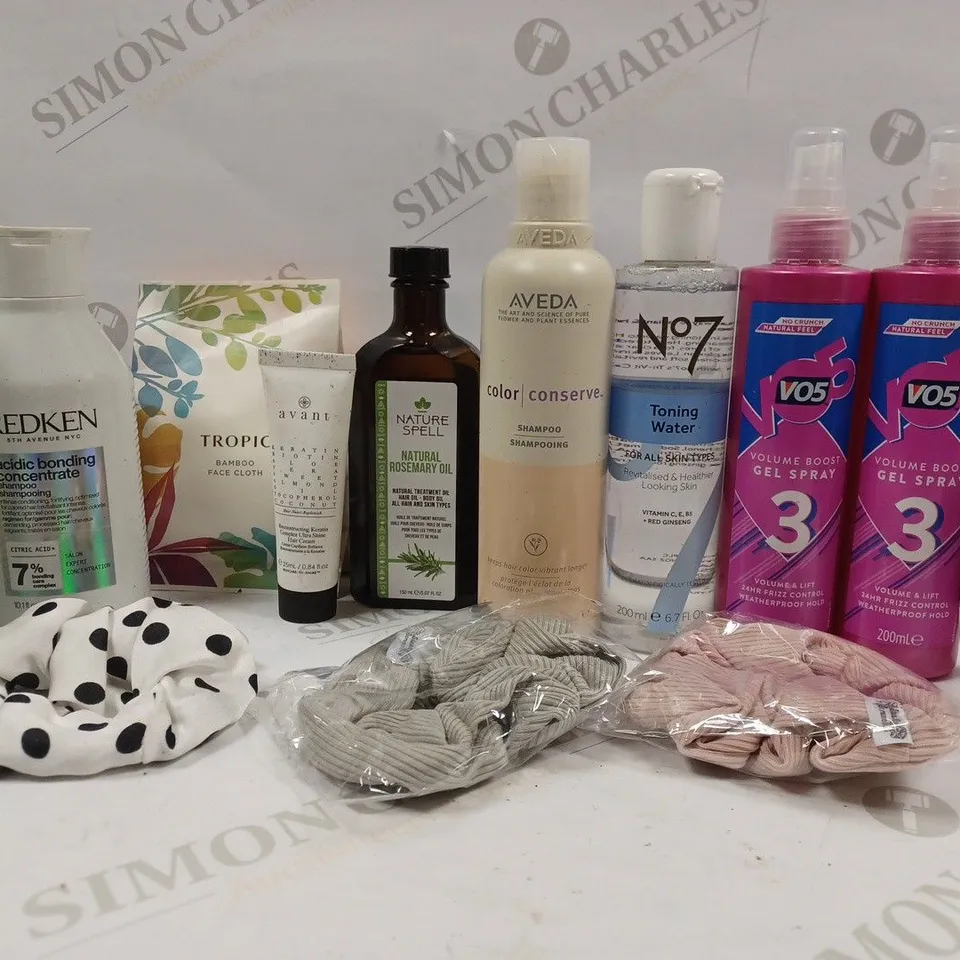 BOX OF APPROX 10 ASSORTED BEAUTY PRODUCTS TO INCLUDE NO.7 TONING WATER, REDKEN ACIDIC BONDING CONCENTRATE CONDITIONER, AVEDA COLOR CONSERVE SHAMPOO, ETC 
