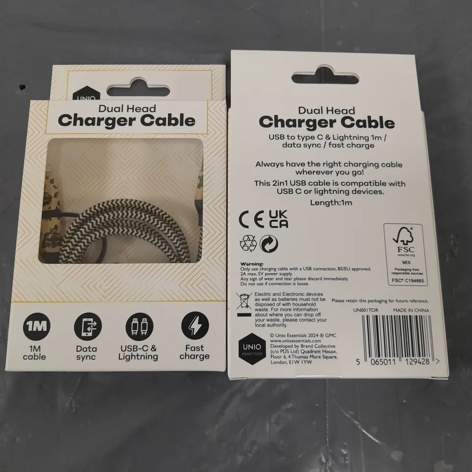 LOT OF 48 BRAND NEW BOXED 1M DUAL HEAD CHARGER CABLES - TORTOISE
