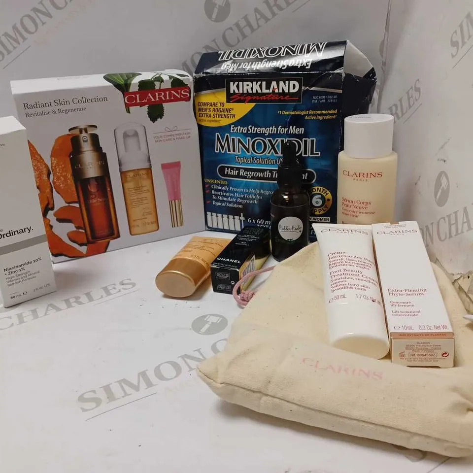 LOT OF TEN TO INCLUDE CLARINS RADIANT SKIN COLLECTION , CHANEL 63 NIGHTFALL LIP COLOUR AND HAIR REGROWTH TREATMENT FOR MEN
