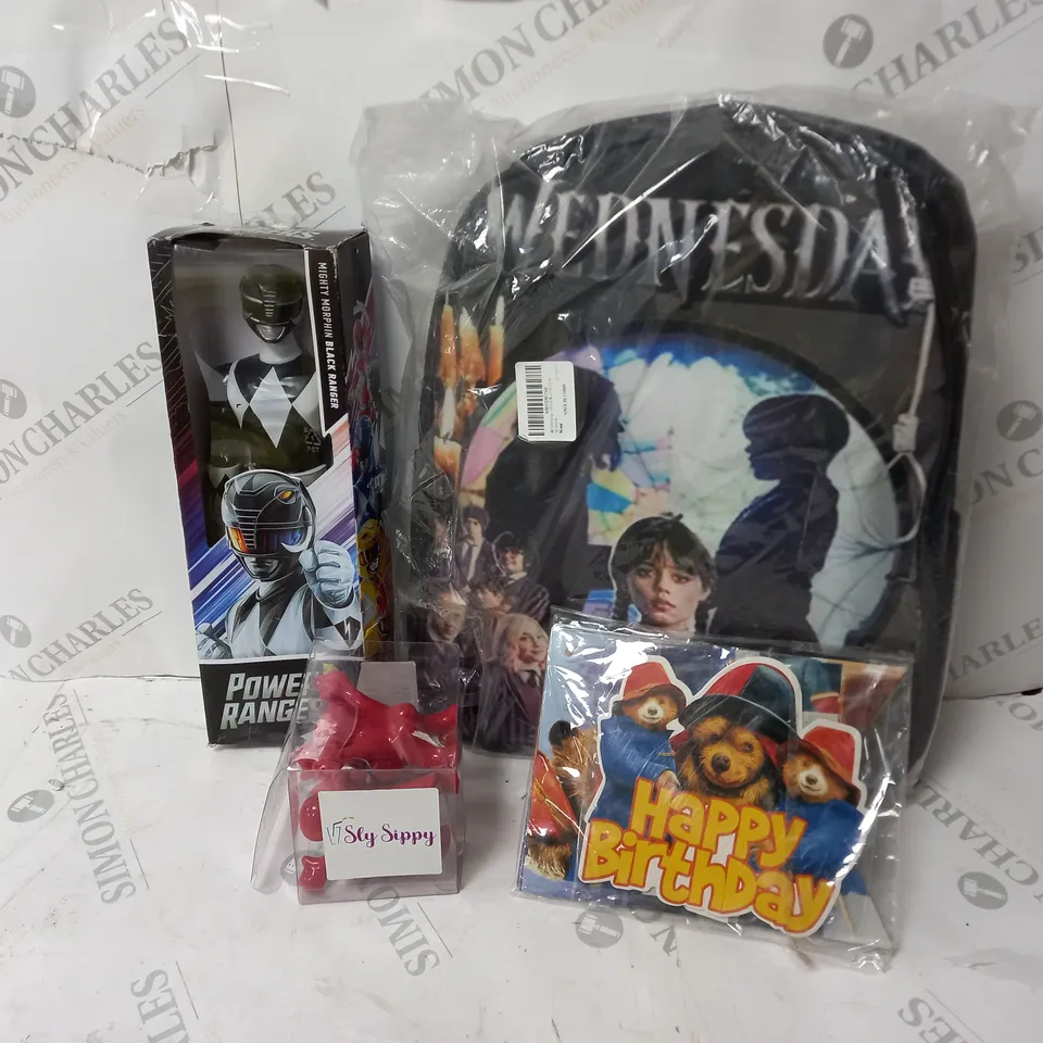 APPROXIMATELY 10 ASSORTED ITEMS TO INCLUDE WEDNESDAY ADDAMS SCHOOL BAG, POWER RANGERS MIGHTY MORPHIN BLACK RANGER ACTION FIGURE, PADDINGTON BEAR BIRTHDAY DECORATIONS SET 