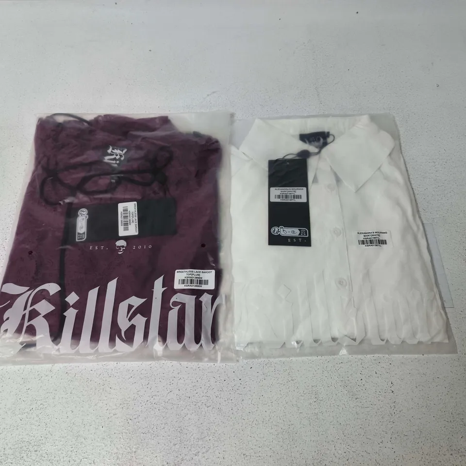 LOT OF APPROXIMATELY 30 BRAND NEW KILLSTAR CLOTHING ITEMS TO INCLUDE MOURNING SHIRTS AND LACE BARDOT TOPS - VARIOUS SIZES