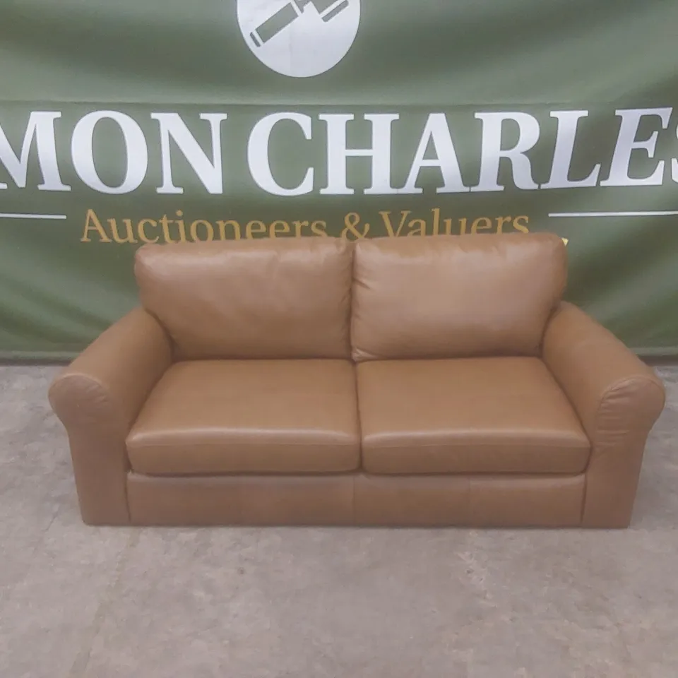 DESIGNER BAILEY 3 SEATER TAN LEATHER UPHOLSTERED SOFA 