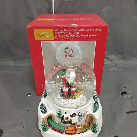 BOXED TINSEL TIME MOVING TRAIN SCENE SNOWGLOBE WITH ROTATING SANTA