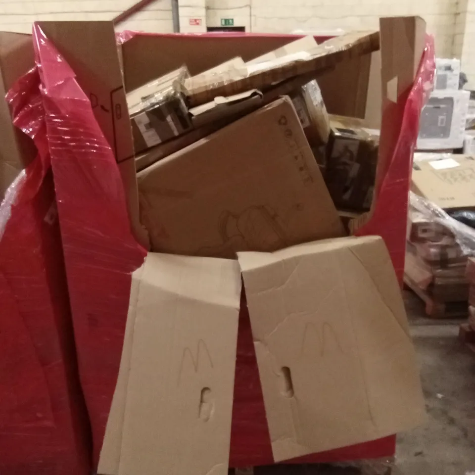 PALLET OF ASSORTED HOUSEHOLD GOODS AND PRODUCTS TO INCLUDE; OFFICE CHAIR, DEHUMIDIFIERS, BOXED FURNITURE ETC OFFICE 