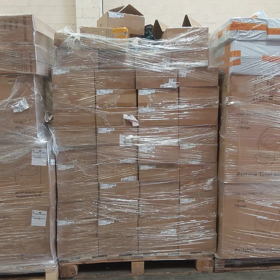 PALLET CONTAINING A LARGE ASSORTMENT OF CONSUMER PRODUCTS INCLUDING: KICK SCOOTER, BATHROOM UNIT PARTS, PIANO STAND ECT