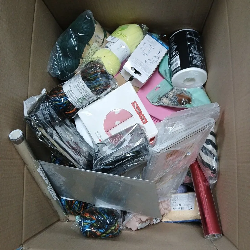 BOX OF APPROXIMATELY 15 ASSORTED HOUSEHOLD ITEMS TO INCLUDE JEWELLERY BOX, WALLPAPER, KNITTING WOOL, ORNAMENTAL SOFT BIRD FIGURE ETC