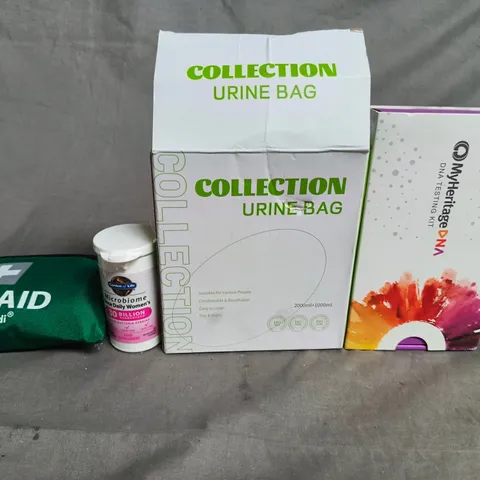 APPROX 10 ASSORTED ITEMS TO INCLUDE -  FIRST AID POUCH, URINE COLLECTION BAG, MICROBIOME BOTTLE & DNA TESTING KIT