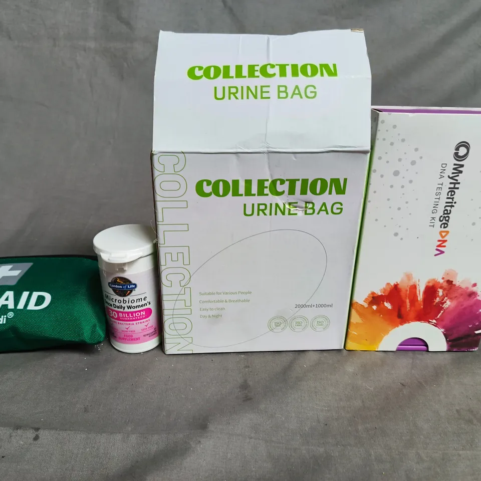 APPROX 10 ASSORTED ITEMS TO INCLUDE -  FIRST AID POUCH, URINE COLLECTION BAG, MICROBIOME BOTTLE & DNA TESTING KIT