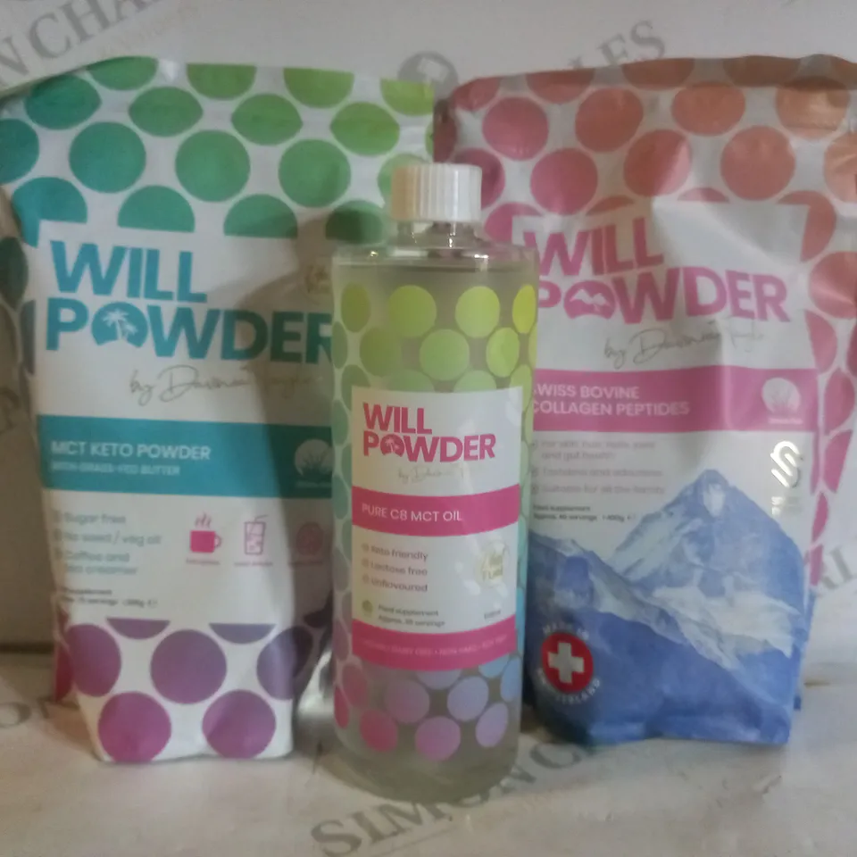 BOX OF 3 ASSORTED WILL POWDER PRODUCTS TO INCLUDE MCT KETO POWDER, PURE C8 MCT OIL, SWISS BOVINE COLLAGEN PEPTIDES 