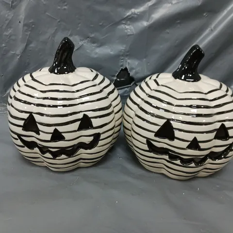 SET OF 2 STRIPE CERAMIC LIGHT UP PUMPKINS 