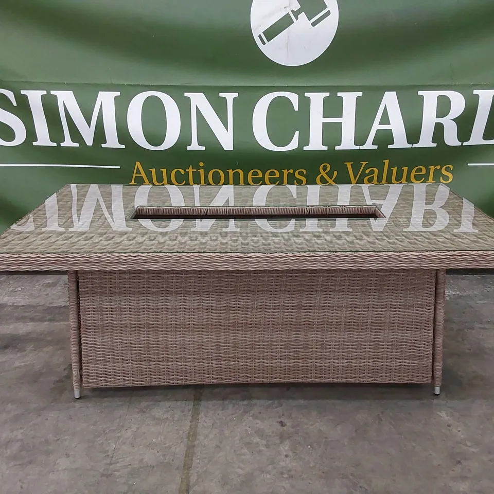 PRIMROSE LIVING GARDEN AND PATIO RECTANGULAR FIREPLACE TABLE 2.1M IN NATURAL COLOUR // HEATING UNIT AND GLASS FIRE SURROUND INCLUDED