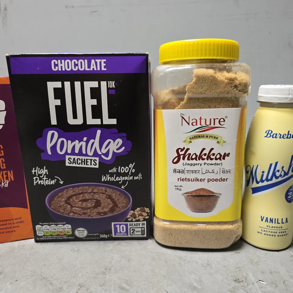 APPROXIMATELY 12 ASSORTED FOOD & DRINK ITEMS TO INCLUDE -  FUEL CHOCOLATE PORRIDGE , BAREBELLS MILKSHAKE VANILLA , BANG BANG CHICKEN ETC