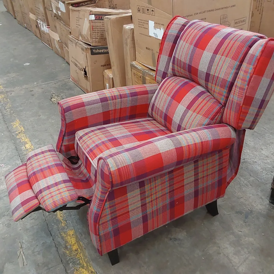 DESIGNER FABRIC UPHOLSTERED TARTAN PATTERN MANUAL RECLINER SOFA 