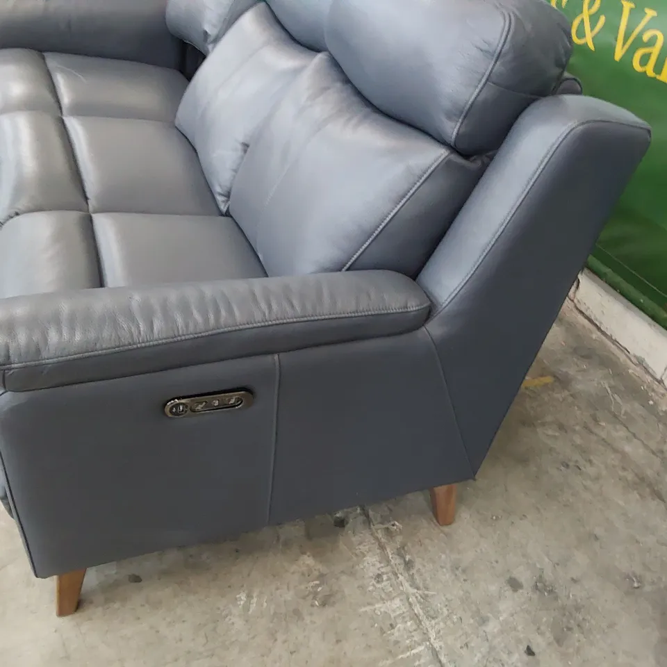 DESIGNER POWER RECLINING THREE SEATER SOFA BLUE GREY LEATHER