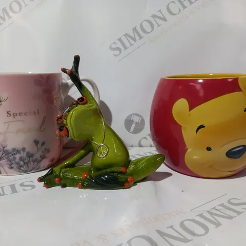 APPROXIMATELY 10 ASSORTED HOUSEHOLD ITEMS TO INCLUDE DECORATIVE YOGA FROG FIGURE, WINNIE THE POOH MUG, SMALL SET OF DISHES, ETC
