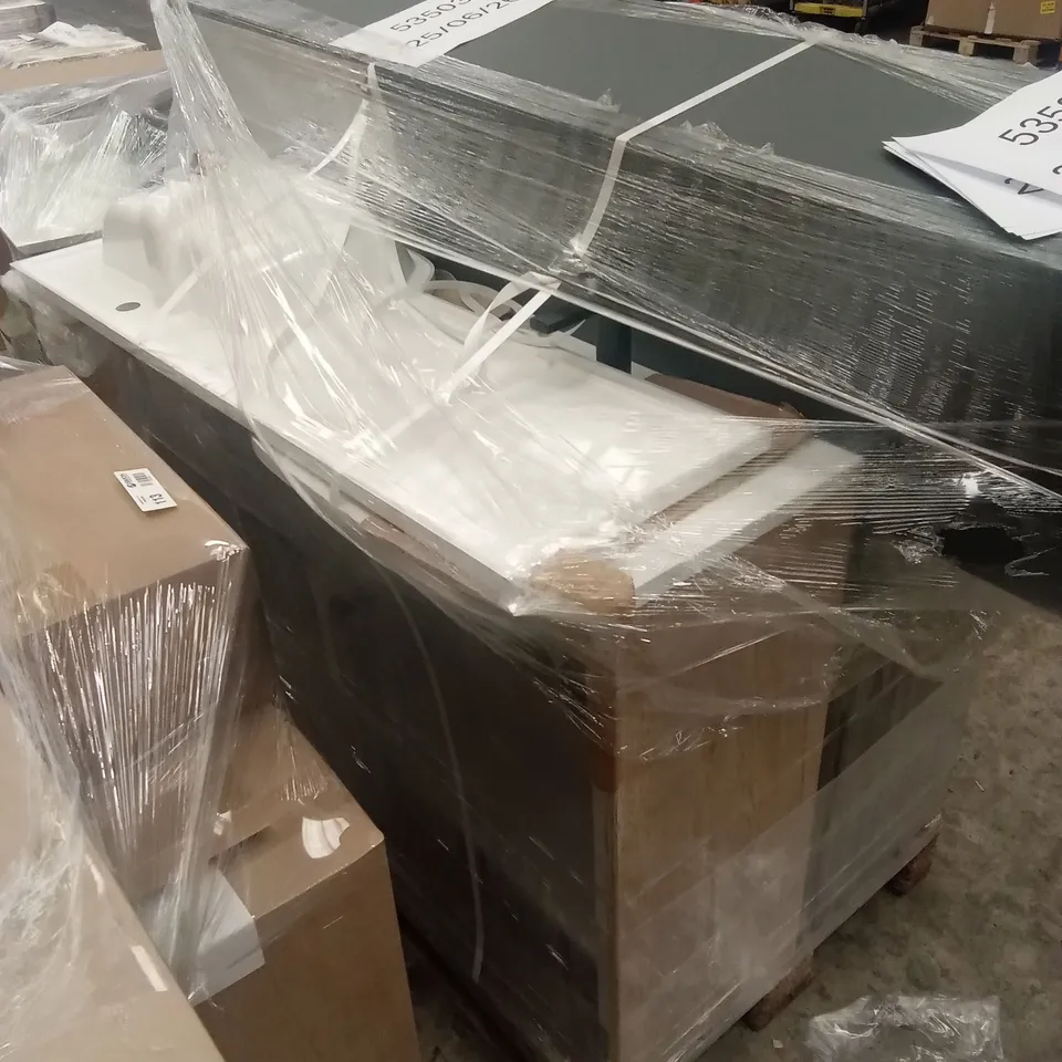 PALLET OF ASSORTED DESIGNER BATHROOM VANITY UNITS, BASINS AND MIXER TAPS