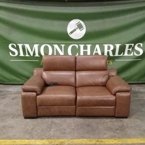 QUALITY DESIGNER ITALIAN MADE RICCARDO 2 SEATER ELECTRIC RECLINER LEATHER SOFA - BRANDY