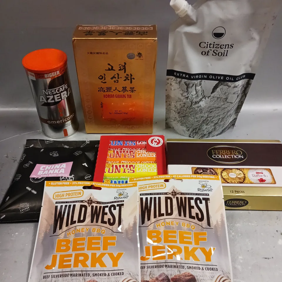 APPROXIMATELY 15 ASSORTED FOOD/DRINK PRODUCTS TO INCLUDE BEEF JERKY, FERRERO COLLECTION, TONY'S CHOCOLATE ETC