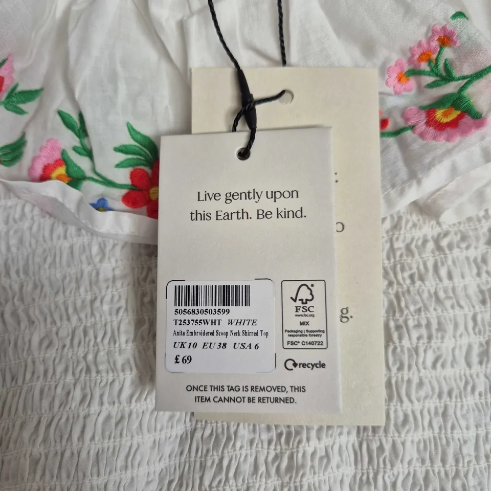 NOBODY'S CHILD EMBROIDERED SCOOP NECK SHIRRED TOP – UK 10