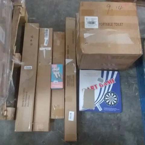 PALLET OF ASSORTED ITEMS INCLUDING PORTABLE TOILET, ROTISSERIE KIT, OAK FLOATING SHELF, QLF YUU BLACK SHOWER CURTAIN RAIL, DART GAME, NINTENDO SWITCH LITE CASEBOUND AND GREEN