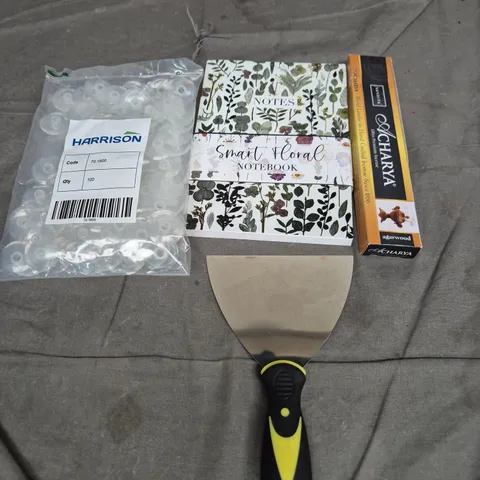 APPROXIMATELY 15 ASSORTED HOUSEHOLD ITEMS TO INCLUDE CHARYA INCENSE STICKS, FLORAL NOTEBOOK AND WALLPAPER SCRAPERS