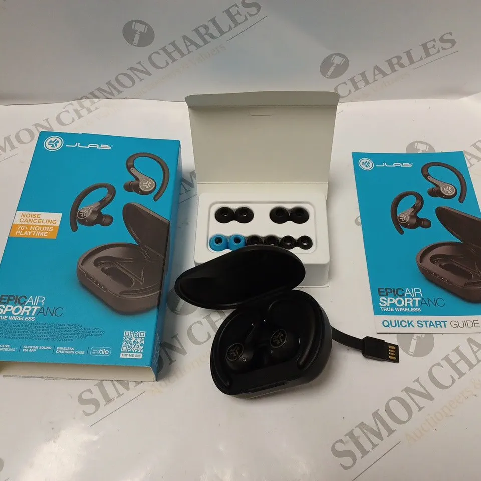 BOXED JLAB EPIC AIR SPORT TRUE WIRELESS OVER-EAR HEADPHONES. CHARGING DOCK WITH INTEGRATED USB CHARGING CABLE AND INSTRUCTIONS