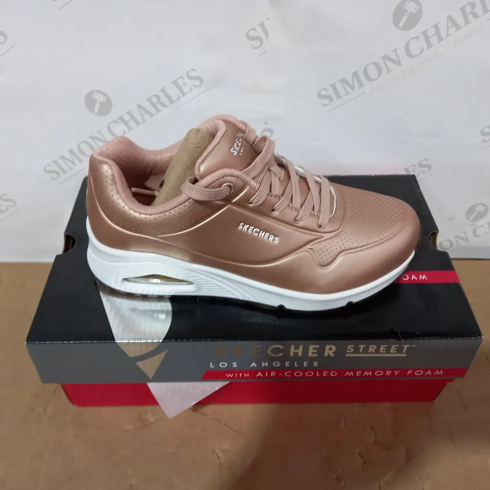 BOXED PAIR OF SKECHERS ROSE GOLD TRAINERS- SIZE 4.5