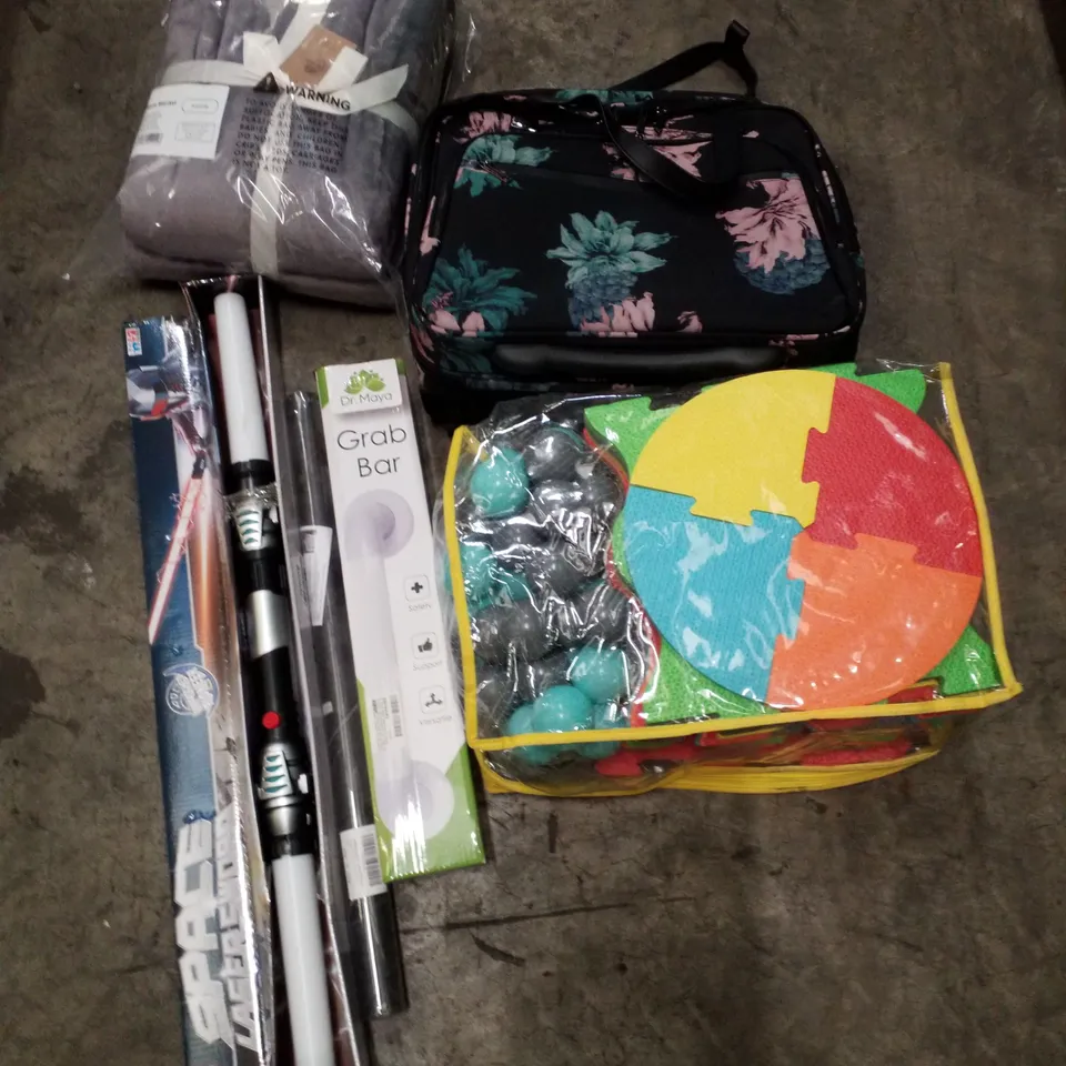 PALLET OF ASSORTED PRODUCTS INCLUDING FLEECE BLANKET, GRAB BAR, FOAM ACTIVITY BALL PIT, WALLPAPER FILM, LAPTOP BAG