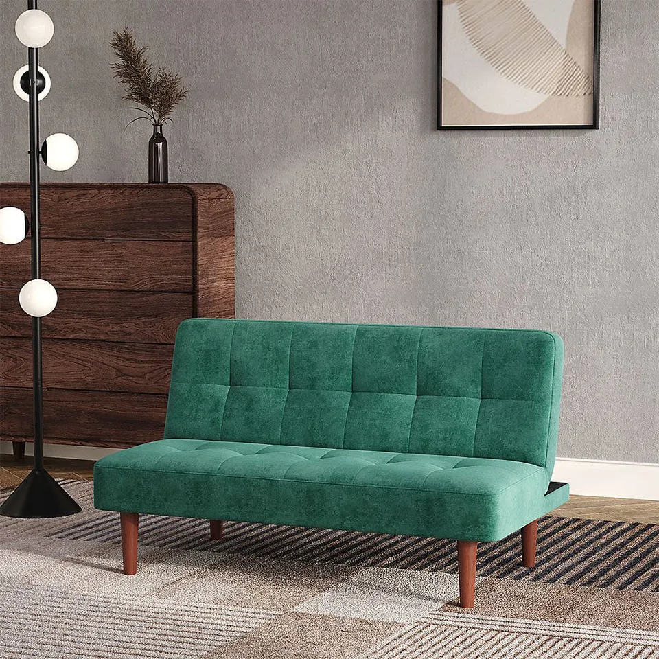 BOXED SMALL 122CM 2-SEATER PADDED CONVERTIBLE SOFA BED WITH WOODEN LEGS - GREEN (1 BOX)