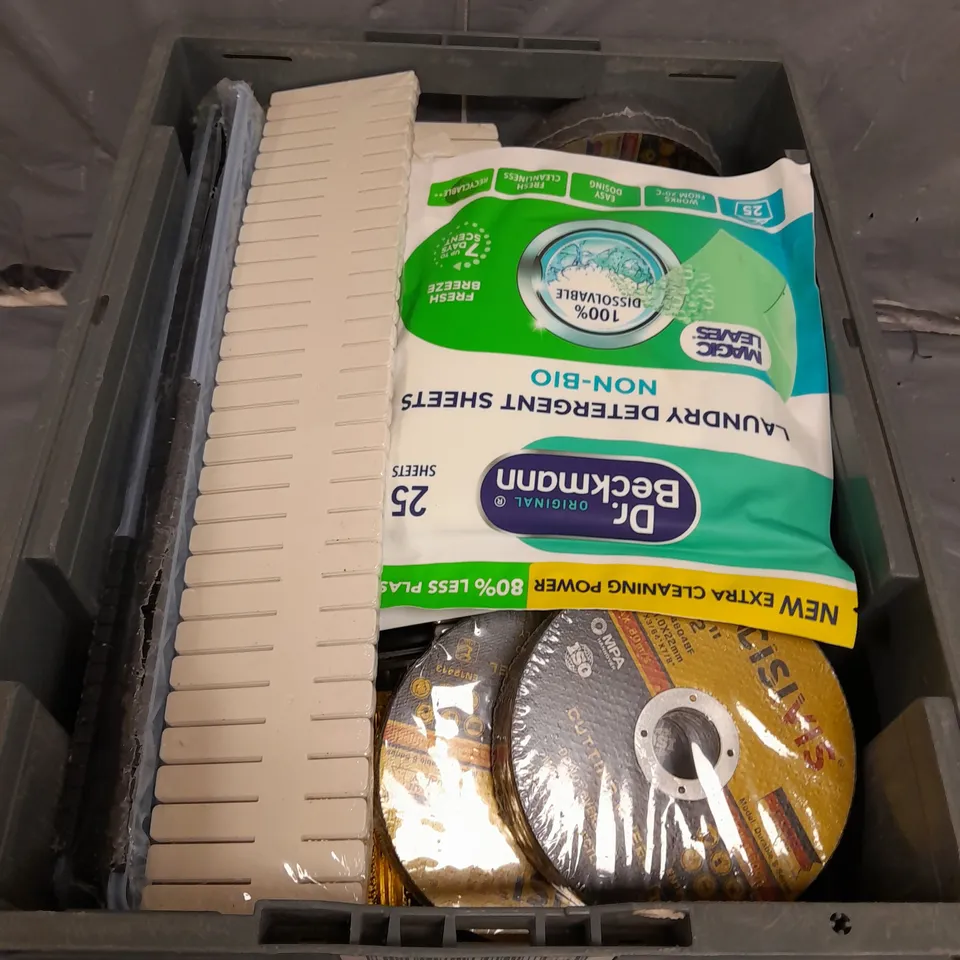 APROXIMATELY 15 ASSORTED HOUSEHOLD ITEMS TO INCLUDE CUTTING WHEEL , DETERGENT SHEETS , ETC 