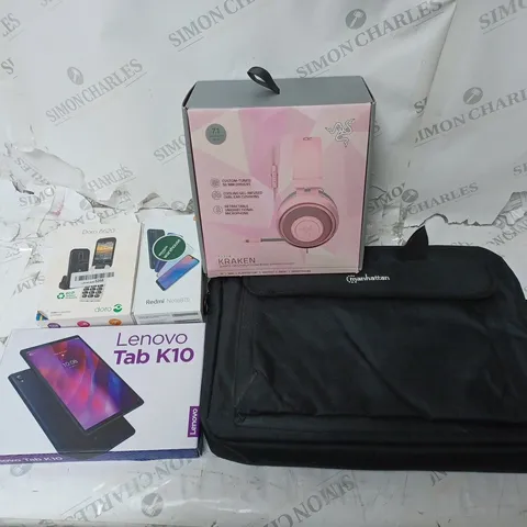BOX OF ASSORTED ELECTRICAL ITEMS TO INCLUDE HEADSETS, TABLETS, LAPTOP HOLDERS ETC