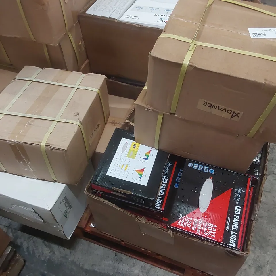 PALLET CONTAINING A VERY LARGE QUANTITY OF ASSORTED LIGHTING PRODUCTS TO INCLUDE: LED EMERGENCY MODULES, LED PANEL LIGHTS ECT