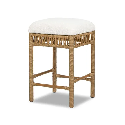 BOXED LUCIA 25.5" BACKLESS UPHOLSTERED COUNTER STOOL WITH RESIN RATTAN FRAME, IVORY WHITE BOUCLÉ (1 BOX)