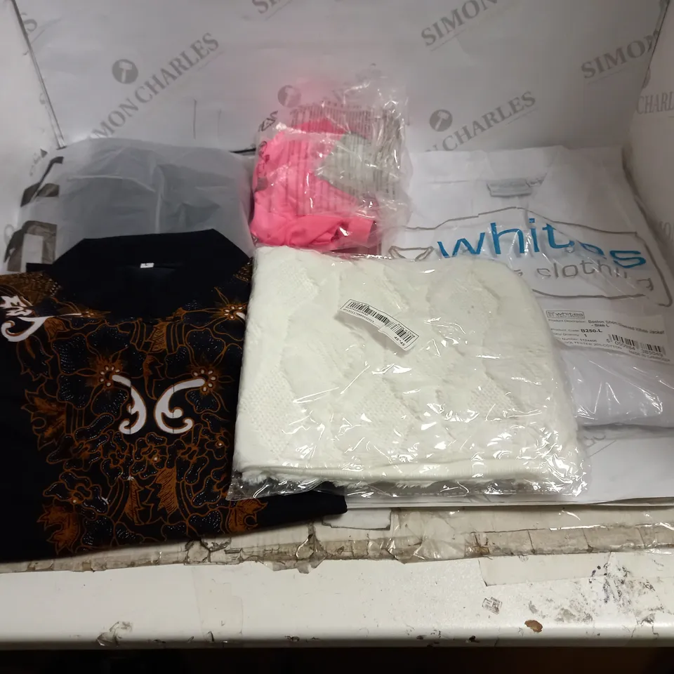 LOT OF APPROX 15 ASSORTED CLOTHES TO INCLUDE CHEF'S SHIRTS, BLOUSES, TROUSERS ETC