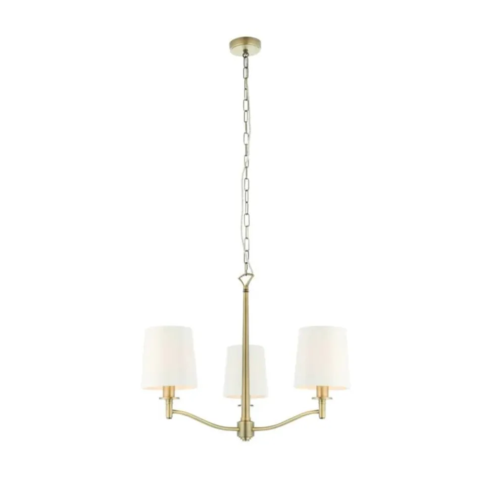 BOXED ORTONA 3 LIGHT PENDANT ANTIQUE BRASS WHITE SHADES