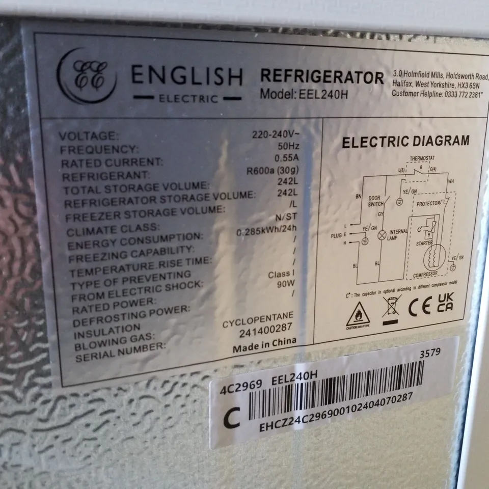 ENGLISH ELECTRIC TALL FRIDGE WHITE EEL240H