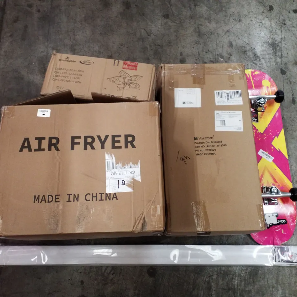 PALLET OF ASSORTED PRODUCTS INCLUDING DISPLAY STAND, AIR FRYER, CEILING FAN, ROLLER BLINDS, SKATEBOARD