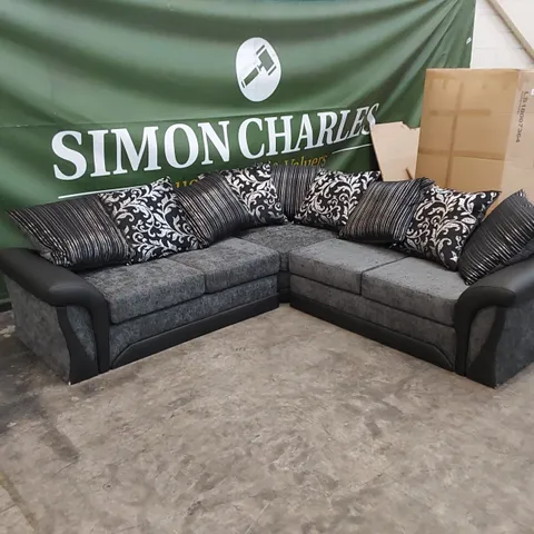 DESIGNER FAUX LEATHER AND FABRIC UPHOLSTERED CORNER SOFA WITH CUSHIONS